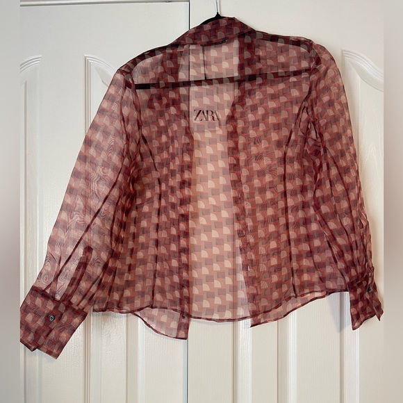 ZARA SHIRT WOMEN PRINTED ORGANZA BLOUSE RED SIZE XL - Picture 3 of 4